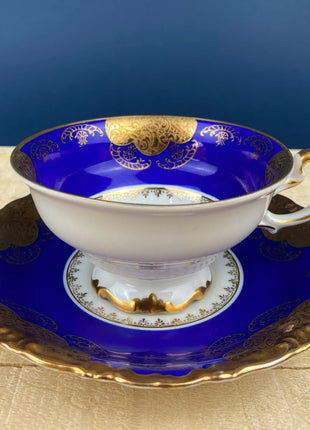 Antique Cup and Saucer. Cobalt Blue and Gold Imperial Bavaria Porcelain. Gold Relief Motif. Made in Germany. Collectibles.