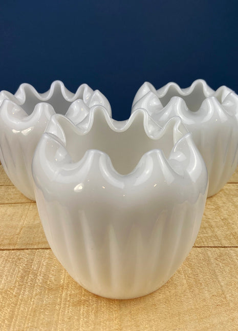 Milk Glass Planters or Vases. Vintage White Flower Pots with Ribbed Patterns and Pinched Rims. Set of Three. Window Sill Herbal Garden.