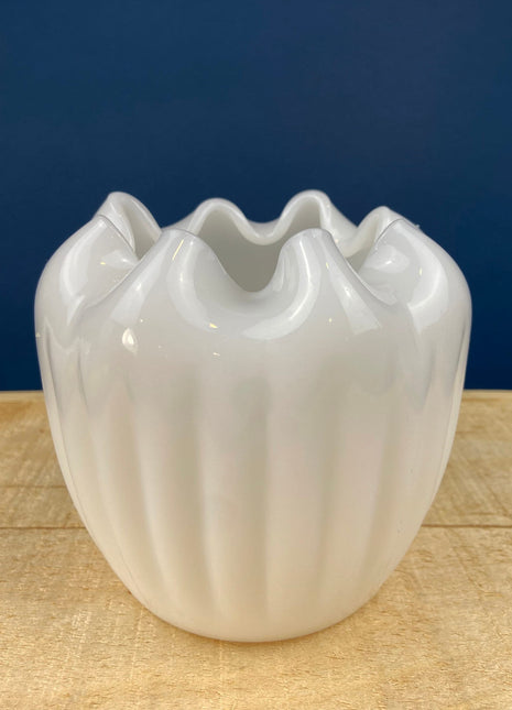 Milk Glass Planter or Vase. Vintage White Flower Pot with Ribbed Pattern and Pinched Rim. Window Sill Herbal Garden.