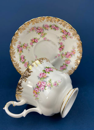 Cup and Saucer by Royal Albert. Vintage Dimity Rose Hand Painted Porcelain. Collectible Tea Set.