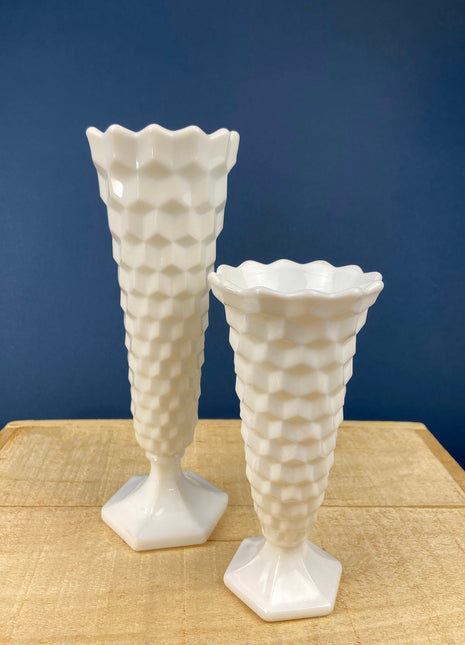 Pair of Milk Glass Vases. White, Modern Flutes. Set of Two. Geometrical Texture. Modern Home.