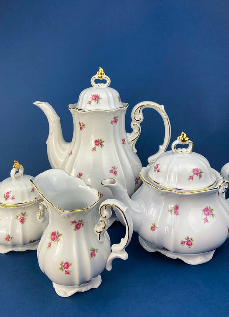 Antique Bavarian Teapot, Coffee Pot, Creamer, Sugar Bowl Set by Hertel Jacob Porcelain Co.