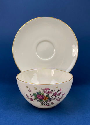 Tea or Coffee Set by Lenox. Ming Coupe, Asian Motif. Set of 9 Porcelain Cups and Saucers, 8" Salad Plates, and 12 6.5" Dessert Plates.