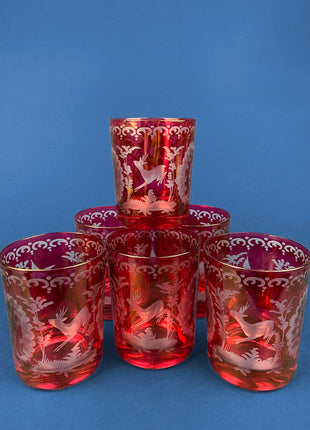 Vintage Bohemian Crystal Glasses. Set of Six Egermann Tumblers. Ruby Cut to Clear. Red with Iridescent Undertones. Two Animal Scenes.