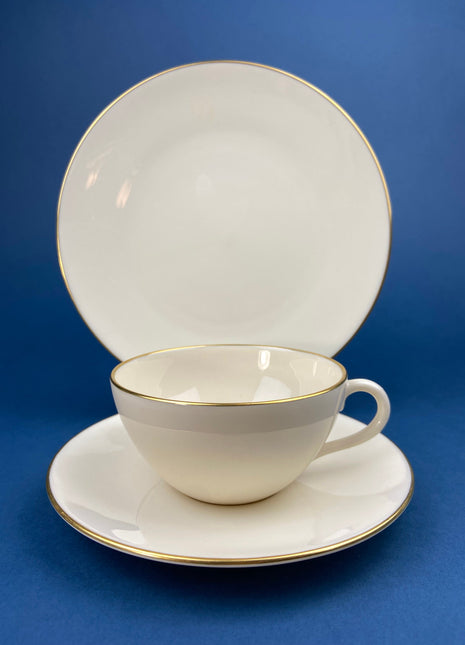 Vintage Tea Cup and Saucer Trio. Creamy White with Gold Rim. Olympia by Lenox. Porcelain Set of Three: Cup, Saucer, & 8" Dessert Plate.