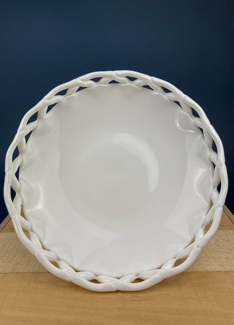 Milk Glass Footed Fruit Bowl. Large Westmoreland Serving Dish with Imperial Lace Edge. 12" in Diameter. White Kitchen. Table Centerpiece.