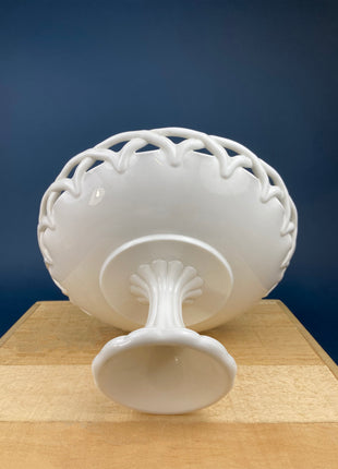 White Footed Serving Bowl. Milk Glass Serving Dish with Lace Edge. 10" in Diameter. White Kitchen. Table Centerpiece.