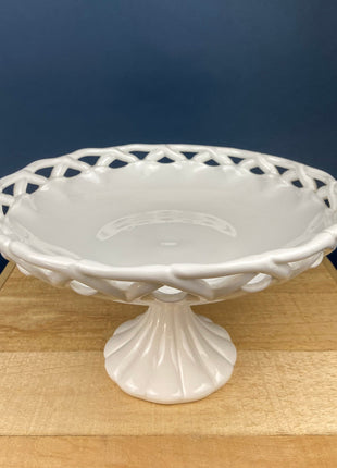 White Footed Serving Bowl. Milk Glass Serving Dish with Lace Edge. 10" in Diameter. White Kitchen. Table Centerpiece.