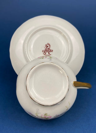 Antique Cup and Saucer. Warwick Tea or Coffee Set. Made in the USA. Delicate Cottage Rose Motif.
