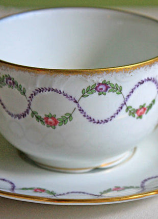 Antique Cup and Saucer. Warwick Tea or Coffee Set. Made in the USA. Delicate Cottage Rose Motif.