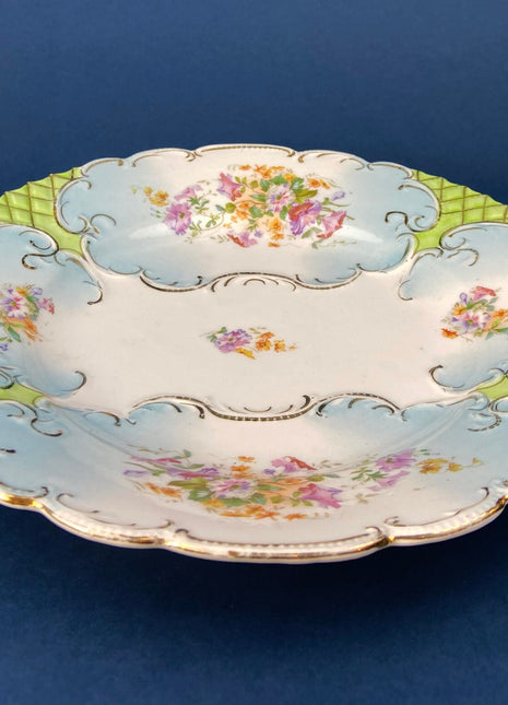 Antique Serving Plate. Hand Painted Serving Platter. Porcelain Plate with Wild Flowers Motif and Gold Lattice.