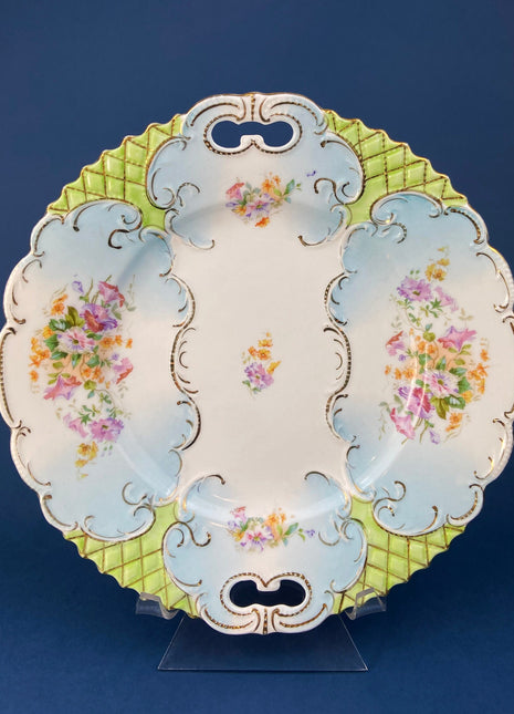 Antique Serving Plate. Hand Painted Serving Platter. Porcelain Plate with Wild Flowers Motif and Gold Lattice.