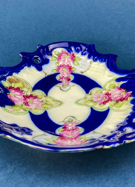 Small Antique Plate. Beautiful Cobalt Blue Glaze. Hand Painted With Ornate Brim. Trinket or Candy Plate, Soap Dish or Small Serving Plate.