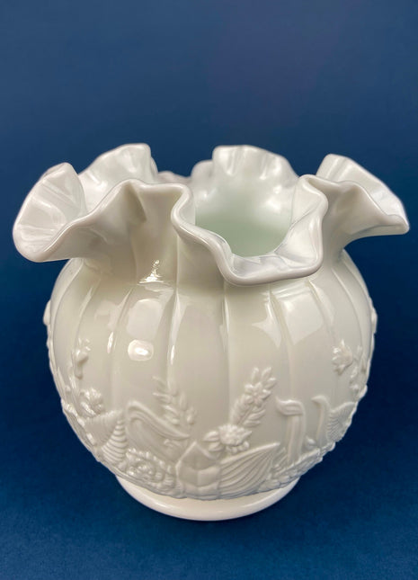 Fenton Milk Glass Vase. Vase with Embossed Wild Flowers and Ruffled Edge. White Bedroom Decor. Collectible Milk Glass.