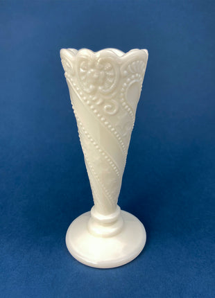 Vintage 6" White Trumpet Vase. Milk Glass, Raised Pattern. Dots, Stars, Flowers, and Scalloped Edge. Small Footed Milk Glass Flute Vase.