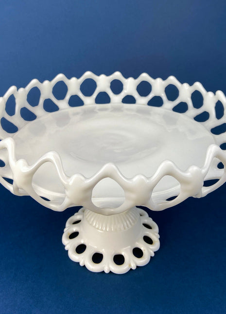 White Footed Serving Bowl. Milk Glass Serving Dish with Lace Edge. 10" in Diameter. White Kitchen. Table Centerpiece.
