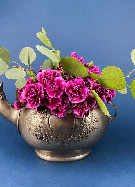 Etain Zinn Pewter Teapot. Extremely RARE, Etched with Heart and Cupids Antique Teapot. Spout Shaped like Eagle. Back Handle with Lion.