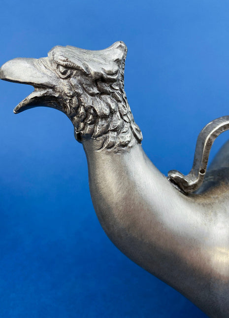 Etain Zinn Pewter Teapot. Extremely RARE, Etched with Heart and Cupids Antique Teapot. Spout Shaped like Eagle. Back Handle with Lion.