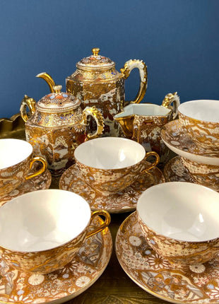 Antique Japanese Gold Tea Set. Asian, Hand Painted Tea Serving Dishes: Teapot, Sugar Bowl, Creamer, and Six Tea Cups with Saucers. Rare!
