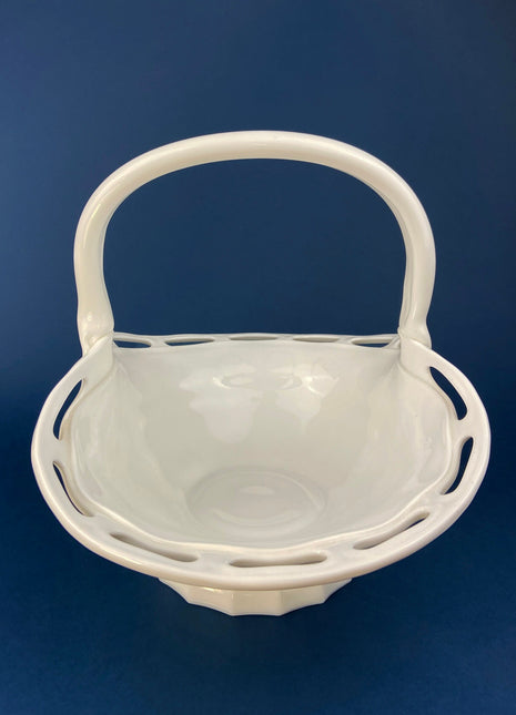 Milk Glass Basket. Large, Pinched Basket with Waffle Pattern, Embossed Circles, and Lacey Edge. Fruit Basket. Table Centerpiece.