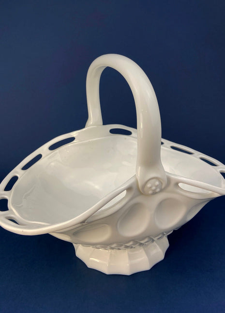 Milk Glass Basket. Large, Pinched Basket with Waffle Pattern, Embossed Circles, and Lacey Edge. Fruit Basket. Table Centerpiece.