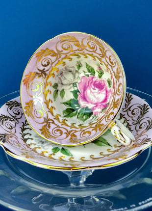 Regency Tea Cup and Saucer. Antique Hand-Painted Porcelain Cup and Saucer. Peach with Wild Flower Bouquet Motif. Made in England.