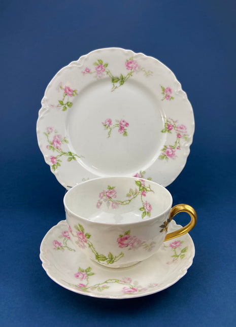 Antique Limoges Tea Cup and Saucer. Hand-Painted Porcelain by Haviland, France. Violet Clusters Motif. Highly Collectible.