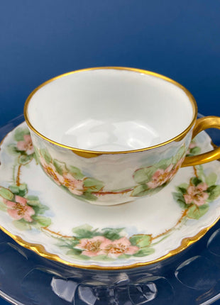 Antique Limoges Tea Cup and Saucer. Hand-Painted Porcelain Tea Set by Haviland, France. Pink Tea Roses Motif. Highly Collectible.