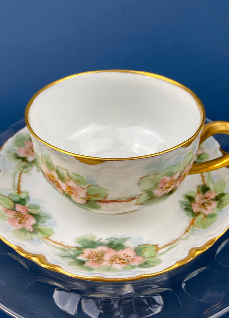 Antique Limoges Tea Cup and Saucer. Hand-Painted Porcelain Tea Set by Haviland, France. Pink Tea Roses Motif. Highly Collectible.