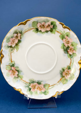 Antique Limoges Tea Cup and Saucer. Hand-Painted Porcelain Tea Set by Haviland, France. Pink Tea Roses Motif. Highly Collectible.