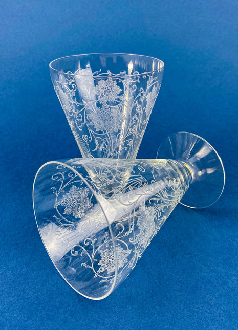 Fostoria Ice Tea Footed Tumblers. Etched Woodland Pattern. Vintage Fostoria Crystal Glasses. Set of 7 Stemware. Collectible Glass.