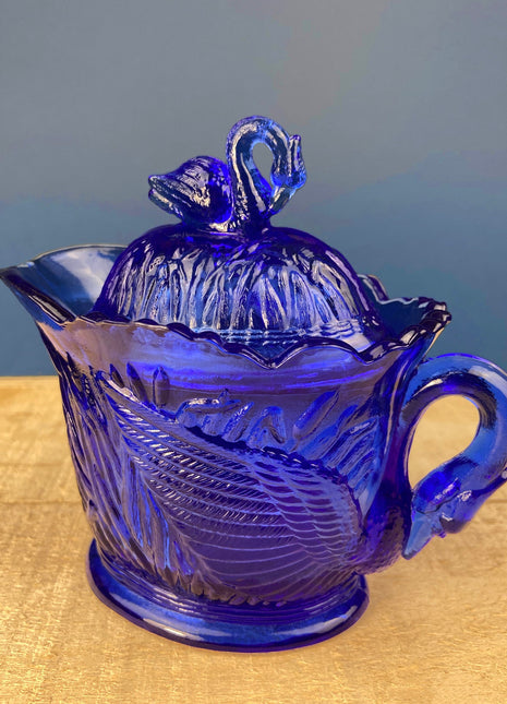 Cobalt Blue Creamer with Swan-Shaped Handle and Lid. Glass Creamer with Embossed Reed and Swans. Collectible Glass.