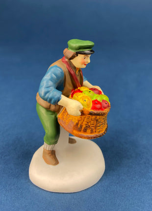 Christmas Village Accessories by Dept. 56. Porcelain, hand Painted Fruit Vendor. Chelsea Market Fruit Monger and Cart. Holiday Celebration.