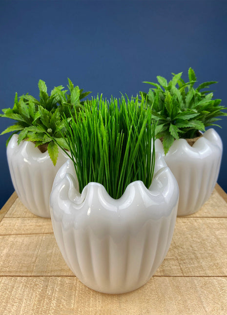 Milk Glass Planters or Vases. Vintage White Flower Pots with Ribbed Patterns and Pinched Rims. Set of Three. Window Sill Herbal Garden.