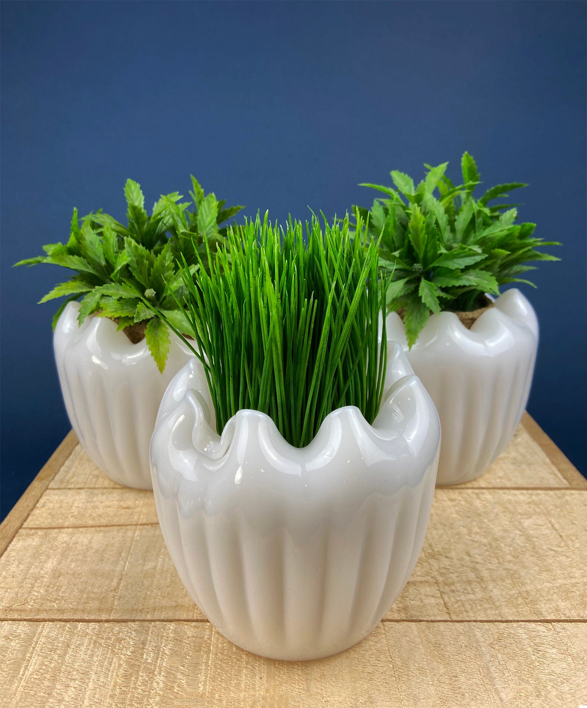 white glass plant pot Milk Glass Planters or Vases. Vintage White Flower Pots with Ribbed Patterns and Pinched Rims. Set of Three. Window Sill Herbal Garden