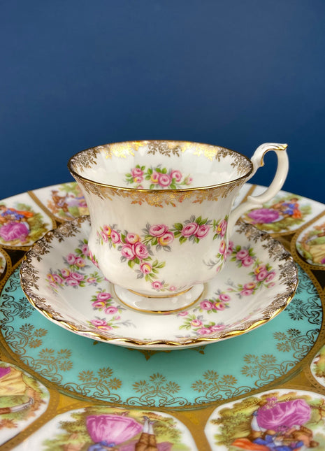 Cup and Saucer by Royal Albert. Vintage Dimity Rose Hand Painted Porcelain. Collectible Tea Set.