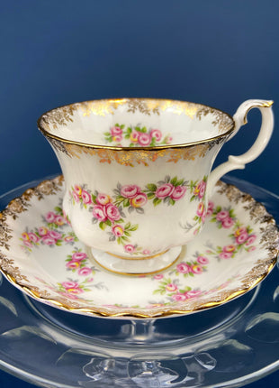Cup and Saucer by Royal Albert. Vintage Dimity Rose Hand Painted Porcelain. Collectible Tea Set.