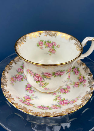 Cup and Saucer by Royal Albert. Vintage Dimity Rose Hand Painted Porcelain. Collectible Tea Set.