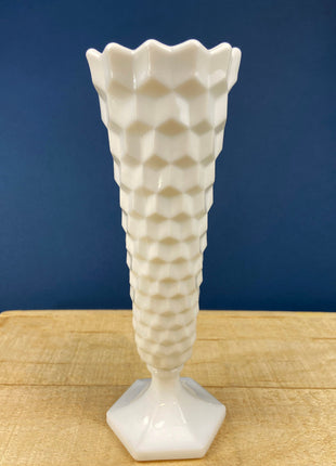 Vintage 6" White Trumpet Vase. Milk Glass, Raised Pattern. Dots, Stars, Flowers, and Scalloped Edge. Small Footed Milk Glass Flute Vase.