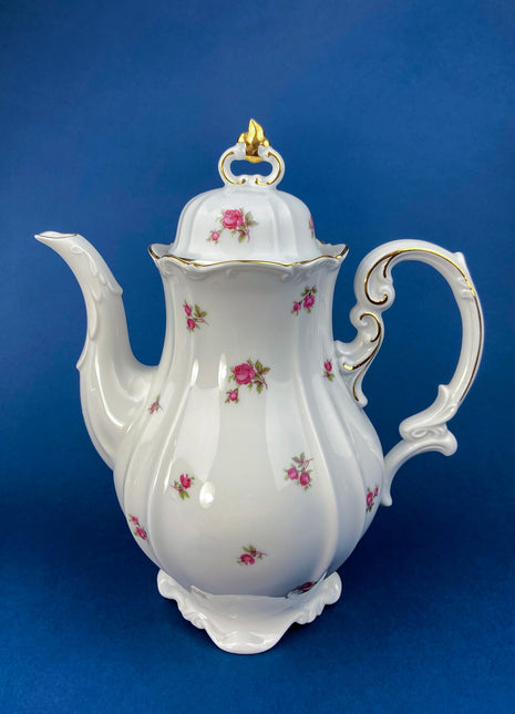 Antique Bavarian Teapot, Coffee Pot, Creamer, Sugar Bowl Set by Hertel Jacob Porcelain Co.