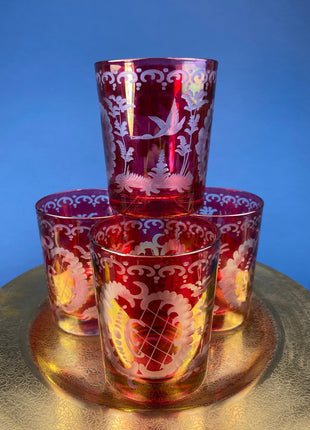 Vintage Bohemian Crystal Glasses. Set of Six Egermann Tumblers. Ruby Cut to Clear. Red with Iridescent Undertones. Two Animal Scenes.