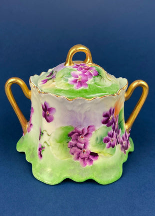 Vintage Porcelain Creamer and Sugar Jar. Bavarian, Gasser, Hand-Painted Violet Motif. Collectibles.