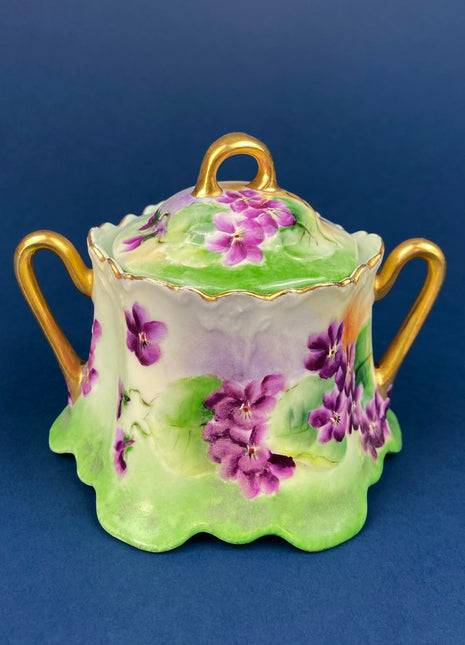 Vintage Porcelain Creamer and Sugar Jar. Bavarian, Gasser, Hand-Painted Violet Motif. Collectibles.