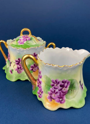 Vintage Porcelain Creamer and Sugar Jar. Bavarian, Gasser, Hand-Painted Violet Motif. Collectibles.