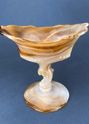 Vintage Slag Glass Footed Bowl. Brown and White Marbled Compote with Floral Base. Candy or Trinket Dish.