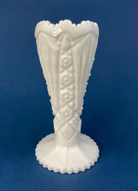 Small Milk Glass Vase. White Modern Flute with Geometrical Design. Modern Home.