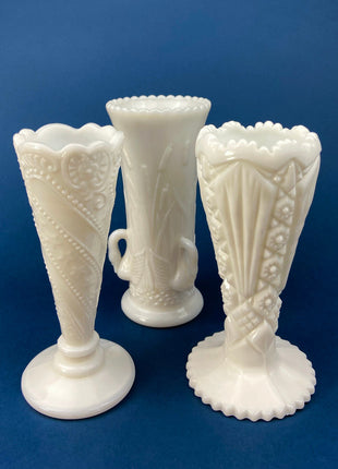Set of Three, Fluted Milk Glass Vases. Collection of White, Modern Style Vases of Varying Shapes and Sizes. Wedding Decor. White Home Decor