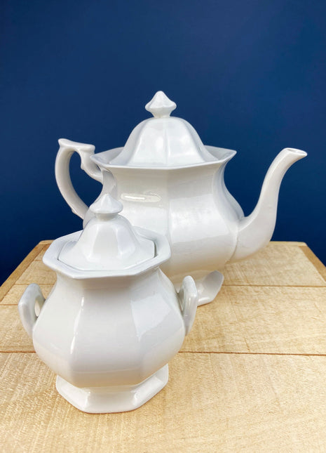Vintage White Tea Pot and Sugar Bowl. Real English Ironstone. WM Adams and Sons. Micratex, England.