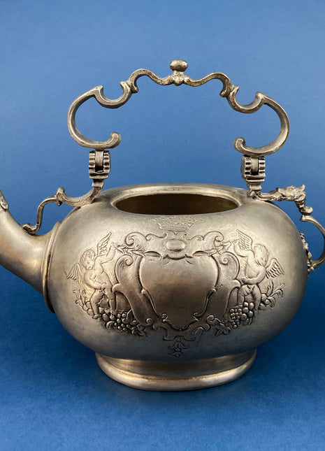 Etain Zinn Pewter Teapot. Extremely RARE, Etched with Heart and Cupids Antique Teapot. Spout Shaped like Eagle. Back Handle with Lion.