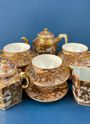 Antique Japanese Gold Tea Set. Asian, Hand Painted Tea Serving Dishes: Teapot, Sugar Bowl, Creamer, and Six Tea Cups with Saucers. Rare!